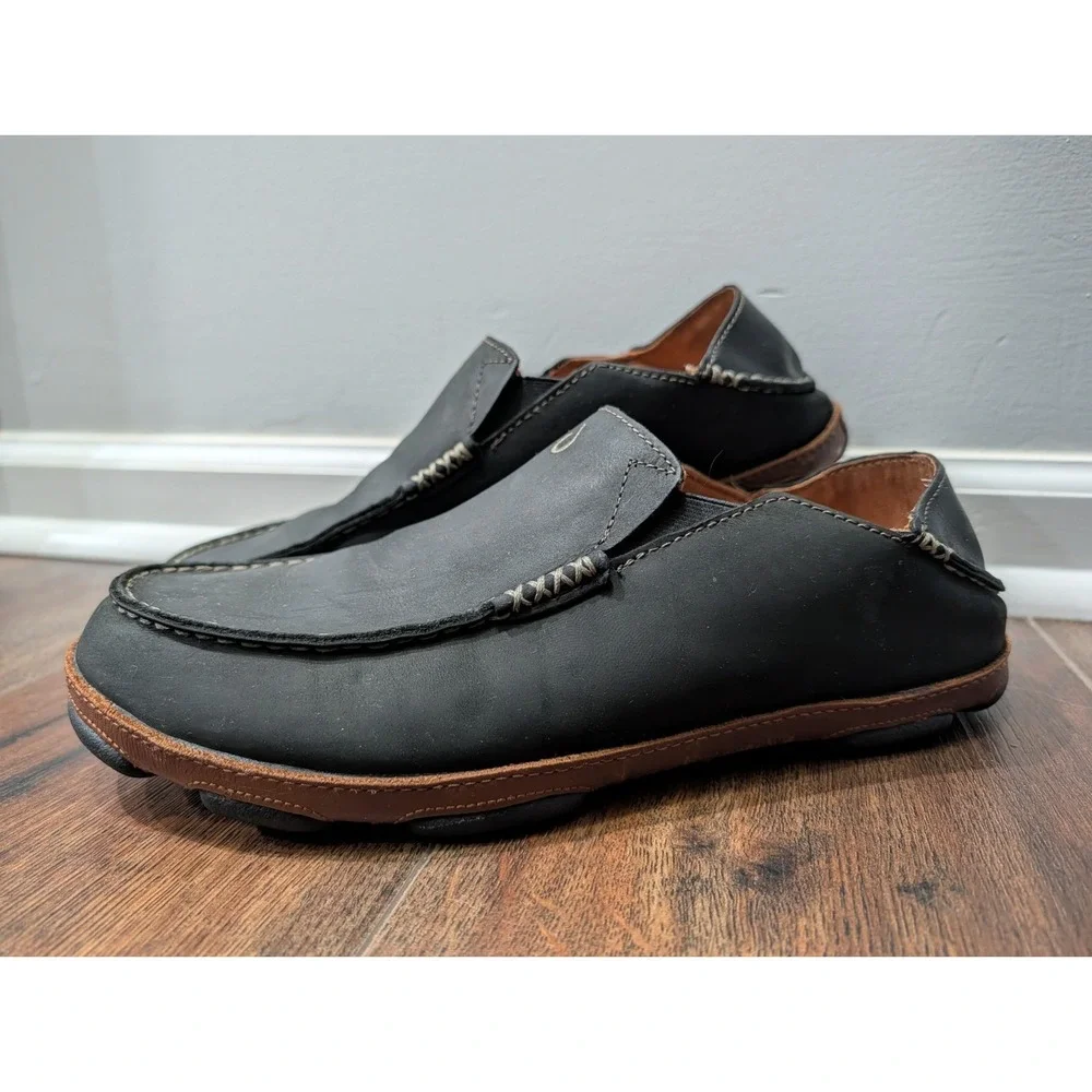 OluKai Mens Moloā Leather Slip On Shoes Black Toffee Size 11.5 Nubuck Drop Heel